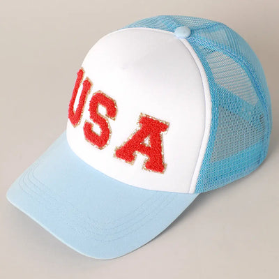 USA Chenille Patched Trucker Hat- Baby Blue