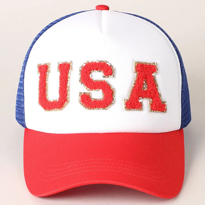 USA Chenille Patched Trucker Hat- Red + Blue
